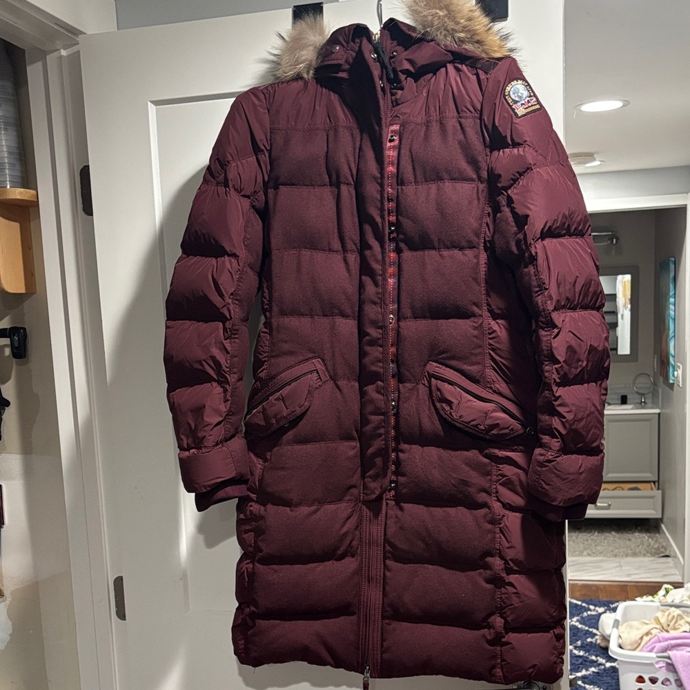 Women's ParaJumper Burgundy Puffer Coat with Fur Trim